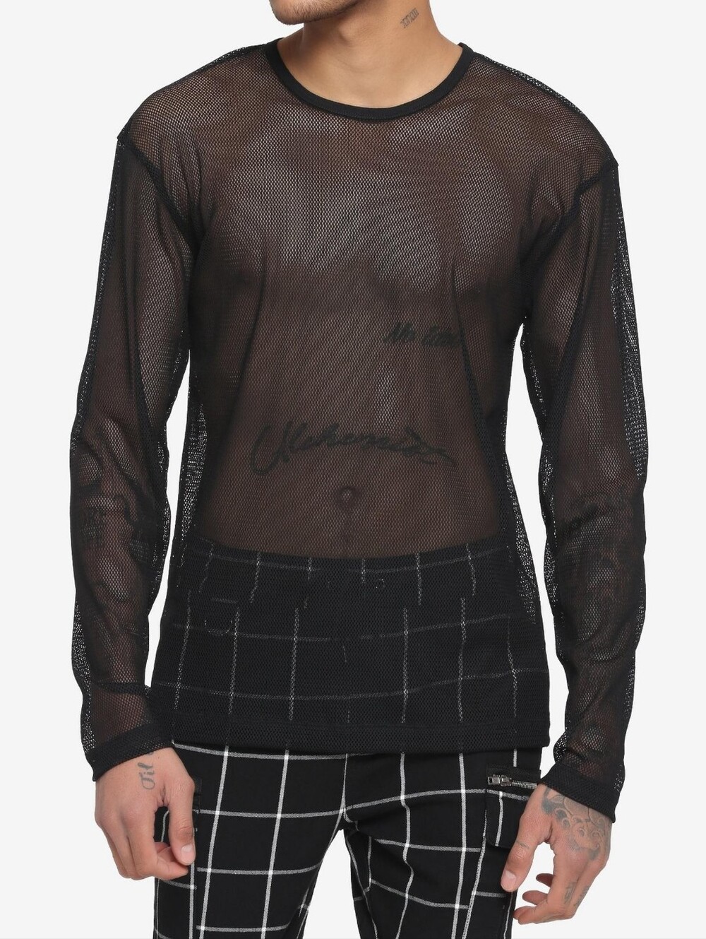 Hot Topic Men's XL Black Long Sleeve Sheer Mesh Top Goth Grunge